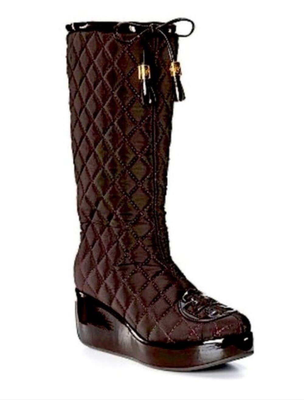 Tory Burch Black Gigi Nylon Quilted Tall wedge boots brown logo size 10 like new